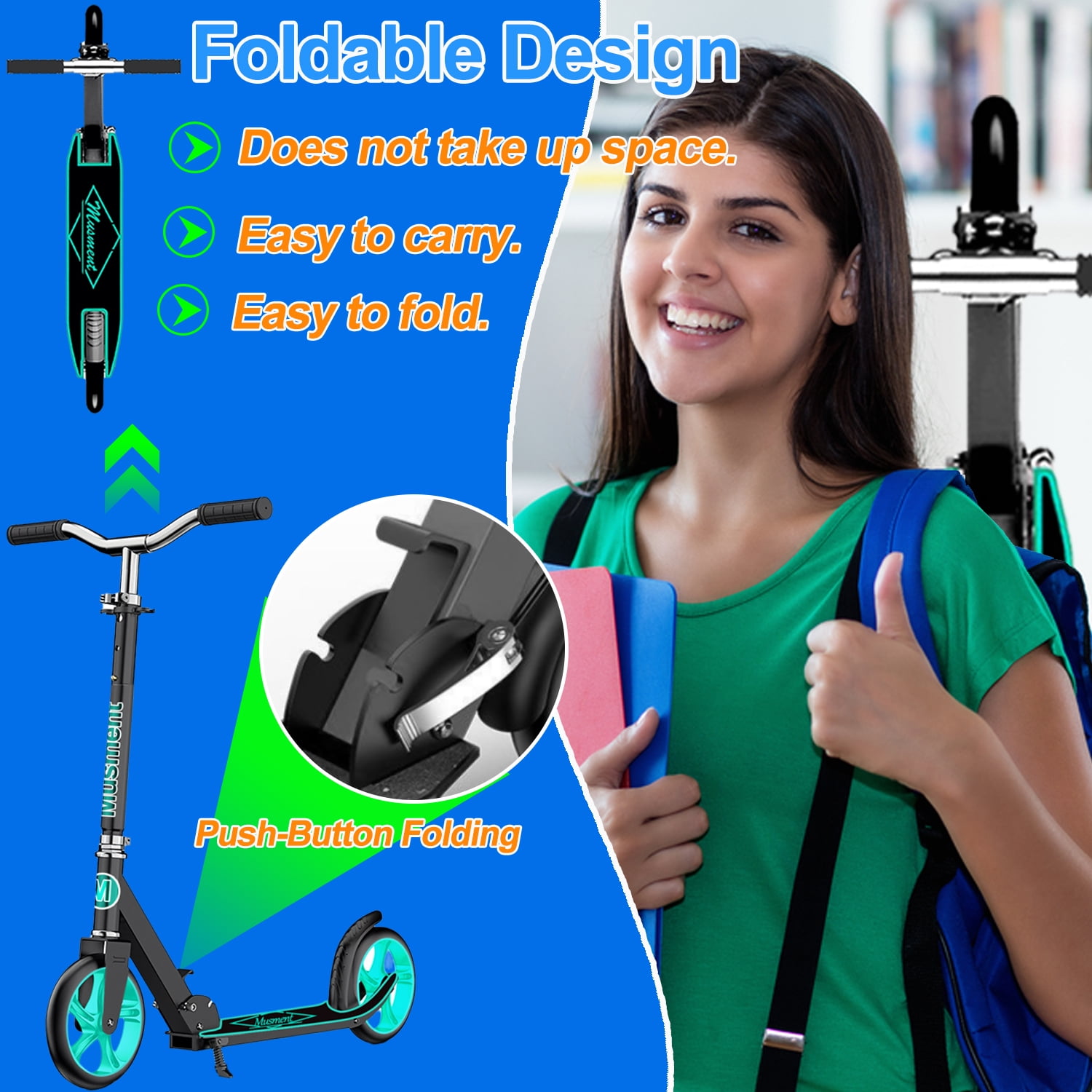 Foldable Scooter -200mm Big Wheels 4 Levels Height Adjustable for Kid, Teens  - Unisex, Black