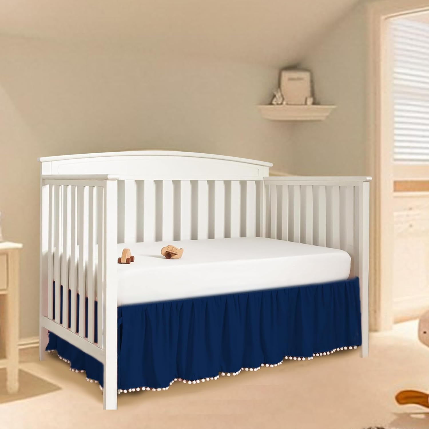 Ruffled Crib Skirt with Pompoms:Crib Bed Skirt with 14" Drop,Mini Crib Bedding Toddler Skirt,Baby Crib Accessories for Baby Boys Girls,28" X 52" (Dark Blue)