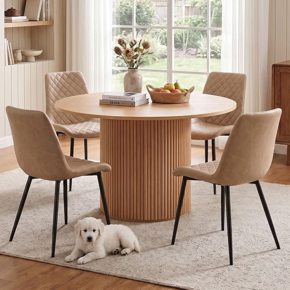 NORDICANA Round Dining Table Set for 4, 47" Kitchen Table and Chairs for 4, Circle Table Round Pedestal Dining Room Dinner Dinette Table Set (Oak Table   4 Beige Chairs)
