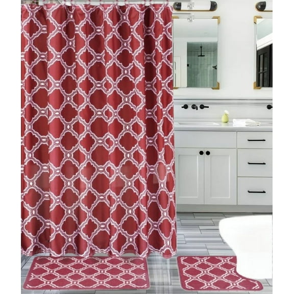 15-PC Fresco Burgundy High Quality Jacquard Bathroom Bath Rug Set Washable Anti Slip Rug 17"x28", Contour Mat 17"x17" with Non-Skid Rubber Back and Shower Curtain 12 rings covered