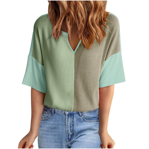RYRJJ Womens Summer Tops Fashion Half Sleeve Waffle Knit Shirts Casual V Neck Colorblock Patchwork Blouses(Green,XXL)