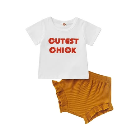 

TheFound Toddler Kids Baby Girls Summer Clothes Lettering Short Sleeve T-shirt Tops Ruffle Ribbed Shorts 2PCS Outfits