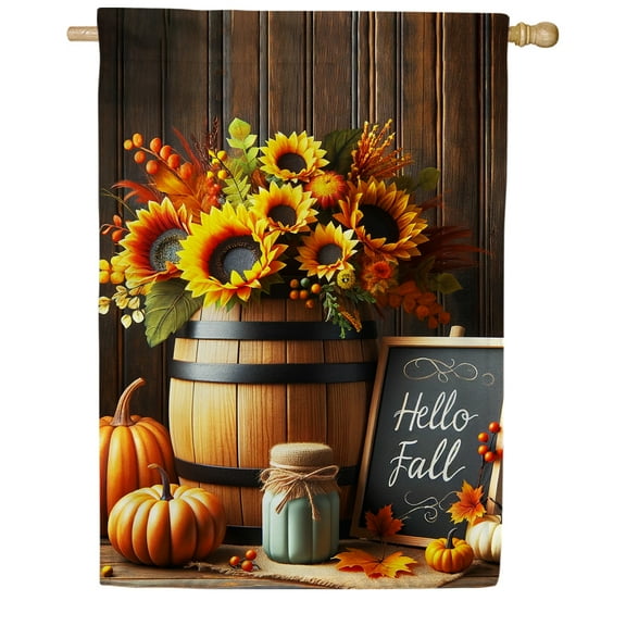 America Forever Hello Fall Sunflower House Flags, 28x40 inch Double Sided, Thanksgiving Pumpkin Sunflowers in Barrel, Large Yard Flags for Outside, Festive Autumn Flags Outdoor Home Decor