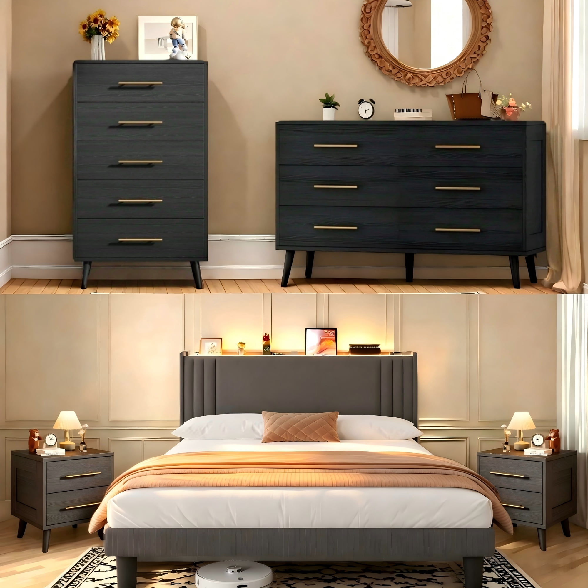 Modern Bedroom Furniture Set, Queen Bed Frame with Charging Station & LED Lights, 2 Nightstands, 5-Drawer Dresser & 6-Drawer Chest, Black