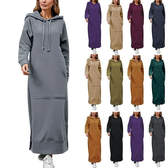 longantii Womens Long Sleeve Hoodies Casual Maxi Length Solid Color Hooded Dress with Drawstring and Pocket Pullover Gray L