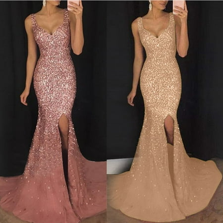 Women's High Spit Prom Bodycon Long Maxi Dresses Bling Gorgeous Sequined Formal Evening Party