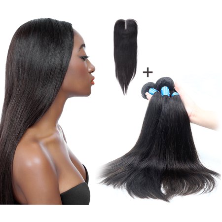 Human Hair Straight 14 16 18 3 Bundles 12 Middle Part Closure