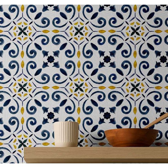 S4sassy Removable Vintage Style Waterproof Wall Wrap, Finish Mosaic Tile Wallcover, Scroll Tile Contact Paper for Backsplash, Kitchen, Self Adhesive Vinyl Wallpaper Roll - Blue - 25"x360"