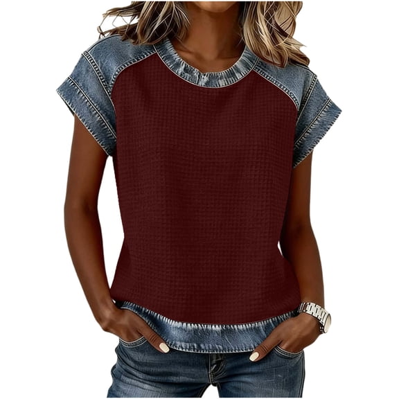 BUIGTTKLOP Summer Tops for Women Denim Patchwork Short Sleeve Shirts Crewneck T Shirts Trendy Clothes 2026