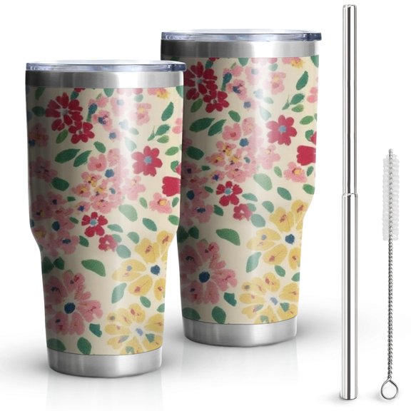 30oz Pioneer Flower Floral Print Pattern Tumblers Stainless Steel Tumbler with Lid and Straw,Vacuum Insulated Double Wall Travel Tumbler Cups Mug with Cleaning Brush for Coffee,Tea