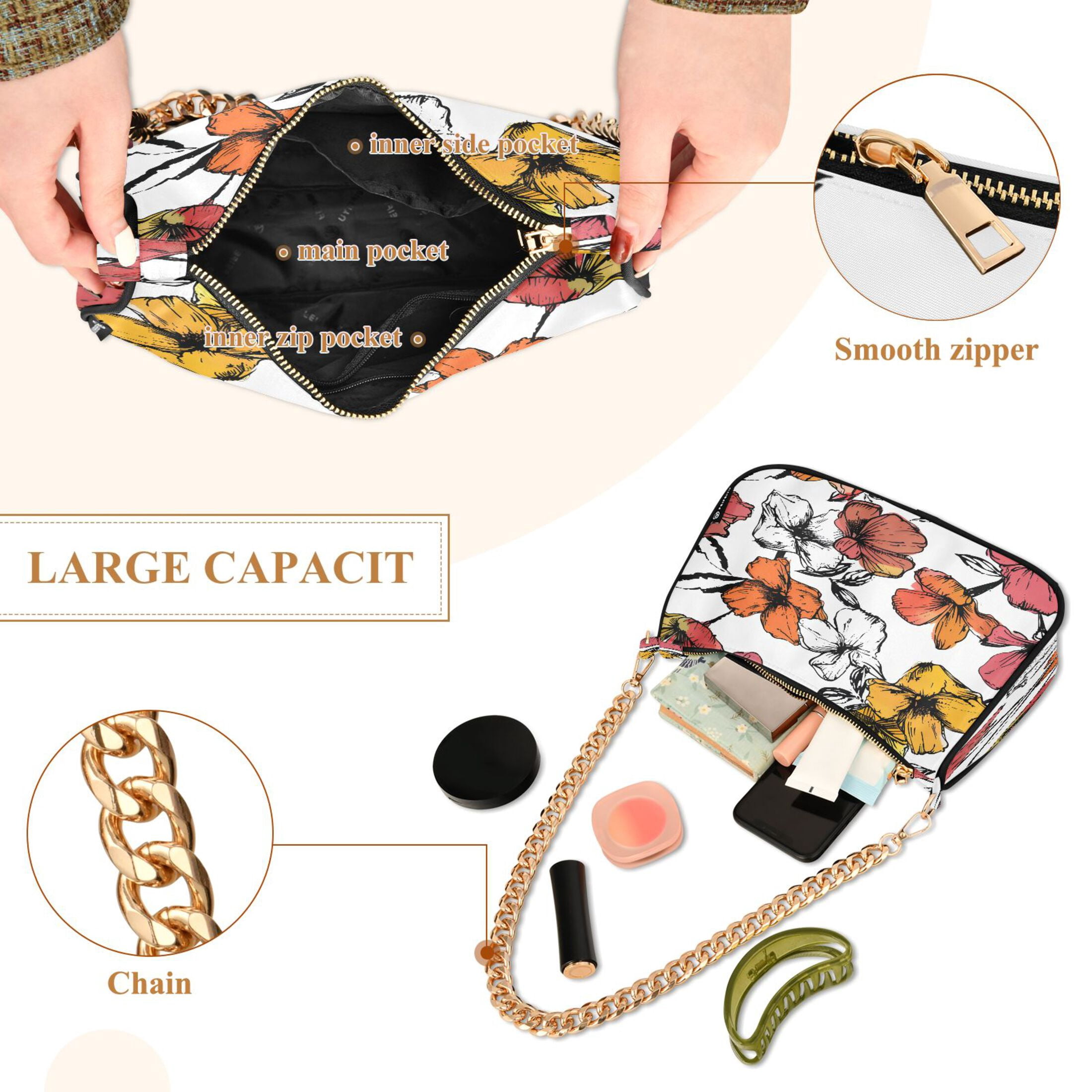 Ryvnso Hand Drawn Summer Floral Womens Chain Shoulder Bag Tote Handbags Clutch Hobo Purse with Zipper for Travel
