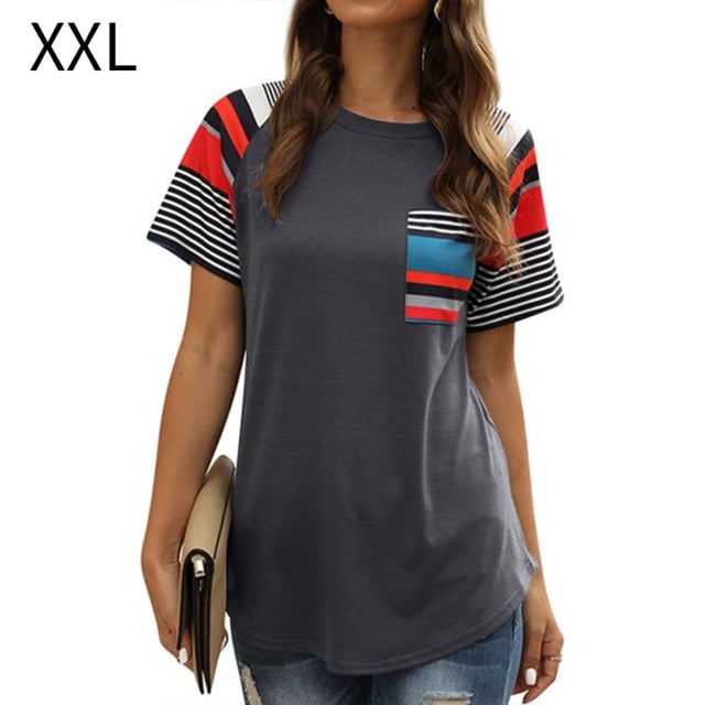 Camiseta de mujer Camiseta de manga corta con estampado de rayas Camiseta casual de verano, Gris, XXL tholdsy AP001701-15