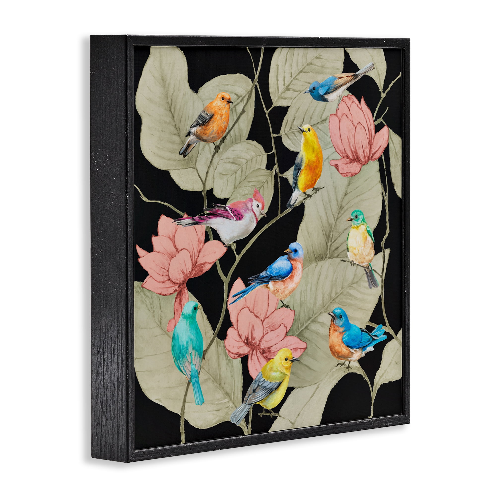 Stupell Industries Colorful Birds & Leaf Motif Black Framed Giclee Art, design by Lorenzo Collective
