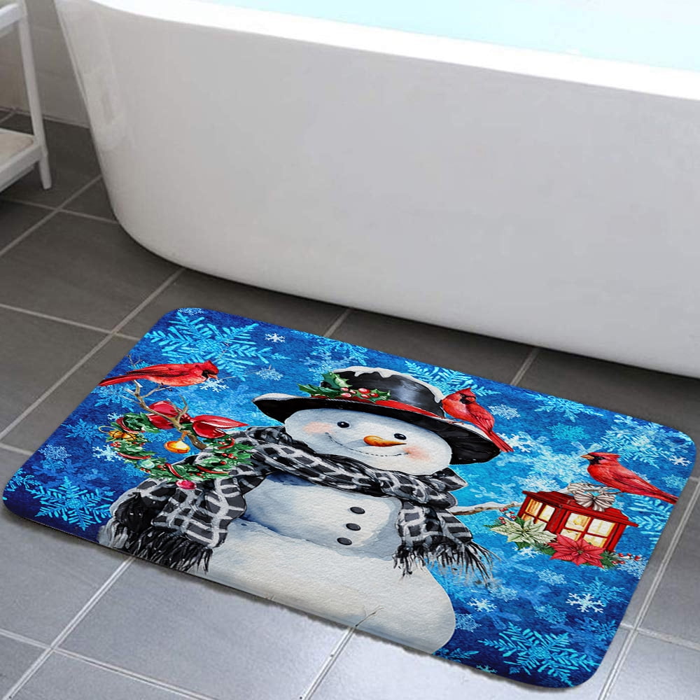 Blue Christmas Bathroom Rug, Merry Christmas Snowflake Non Slip Soft