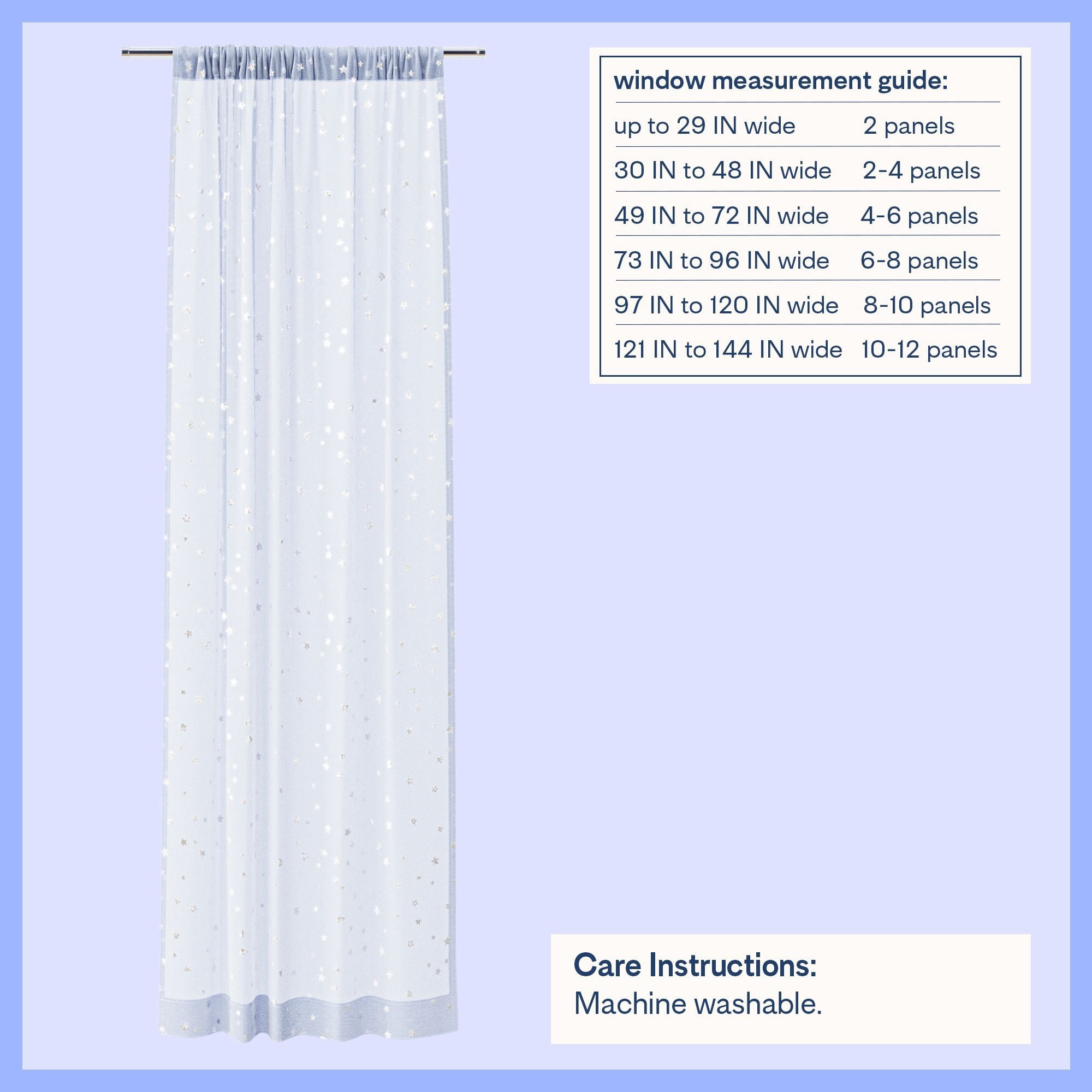 Mainstays Kids Metallic Star Printed Light Filtering Sheer Curtain Panel, Periwinkle, 38 x 84 in