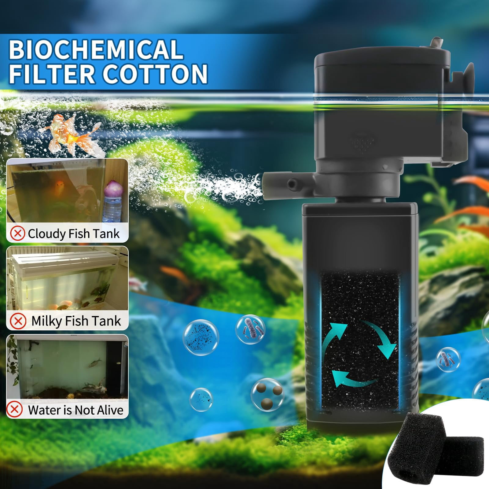 TARARIUM Fish Tank Filter for 15-40 Gallon Tank, 160 GPH Crystal Clear Powerful Internal Aquarium Filters Submersible Pump& Filter System for Fish Tank & Turtle Tank
