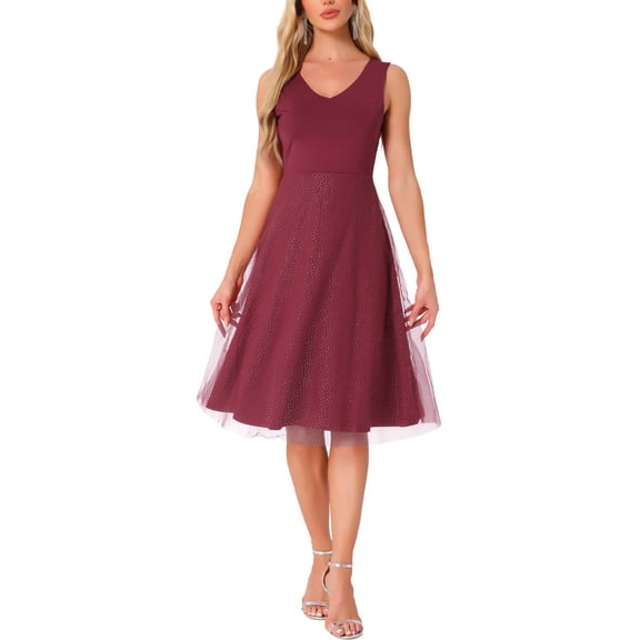 INSPIRE CHIC Sequin Lace Dress for Women's V Neck Sleeveless Wedding Guest Dress