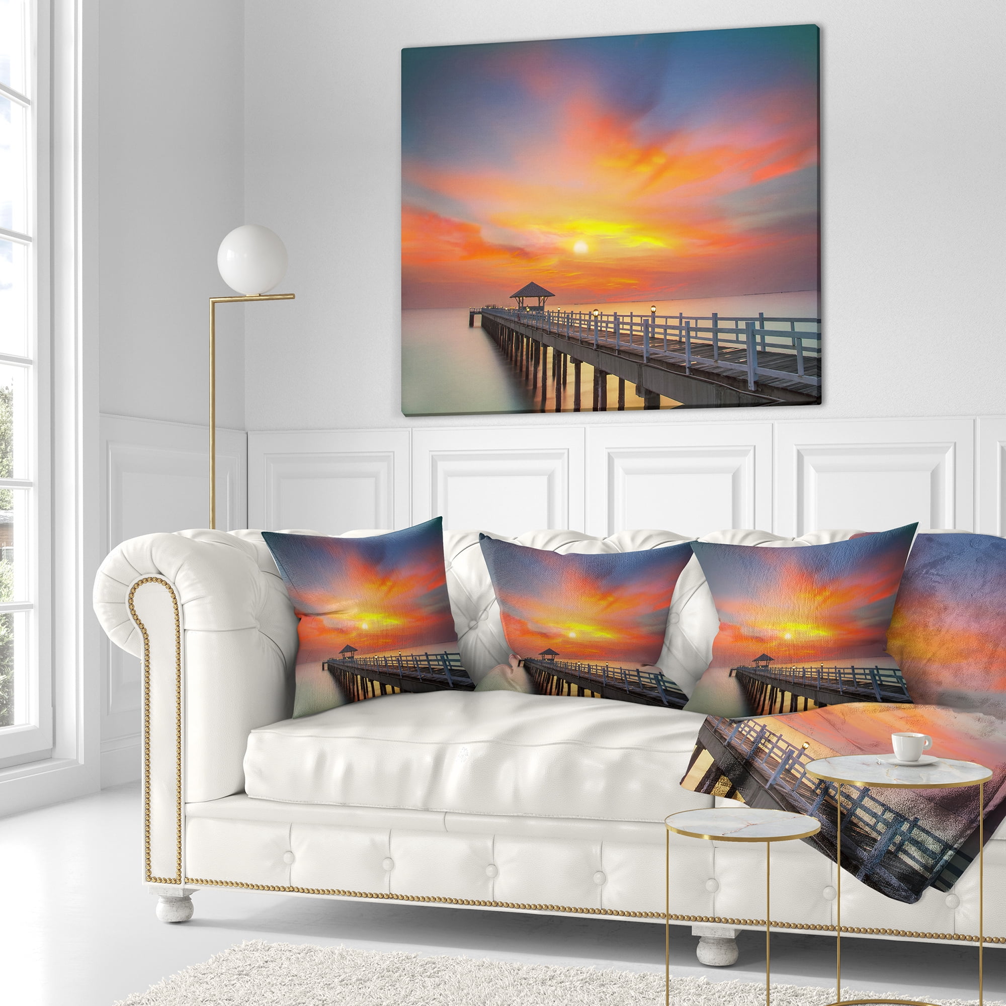 Designart Wooden Bridge under Yellow Sky - Pier Seascape Throw Pillow - 16x16
