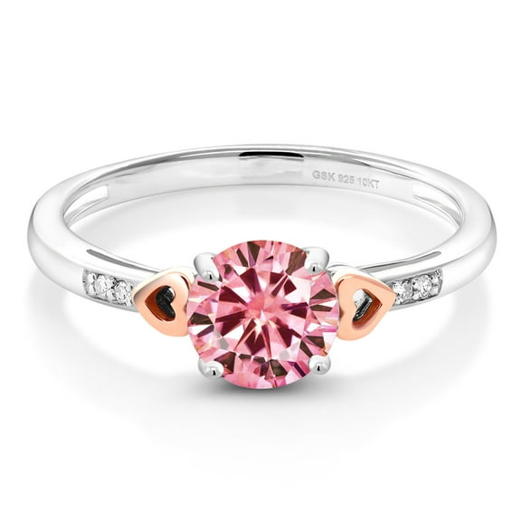 Gem Stone King 1.03 Cttw Pink Moissanite and White Diamond Solitaire Engagement Ring for Women | 925 Silver and 10K Rose Gold | Round 6.5MM | Wedding Engagement Anniversary Promise Ring| Size 7