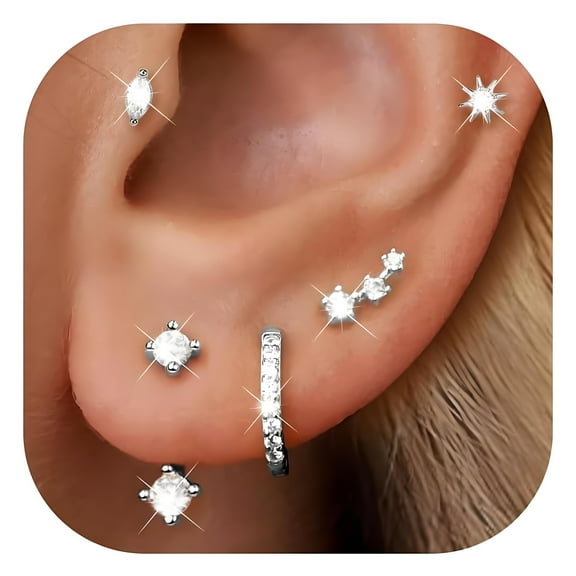 DESIGNICE Earring Set,Diamond Earring Sets for Women,Simple Elegant Earrings Studs Hypoallergenic Earrings for Women,5Pcs,Silver