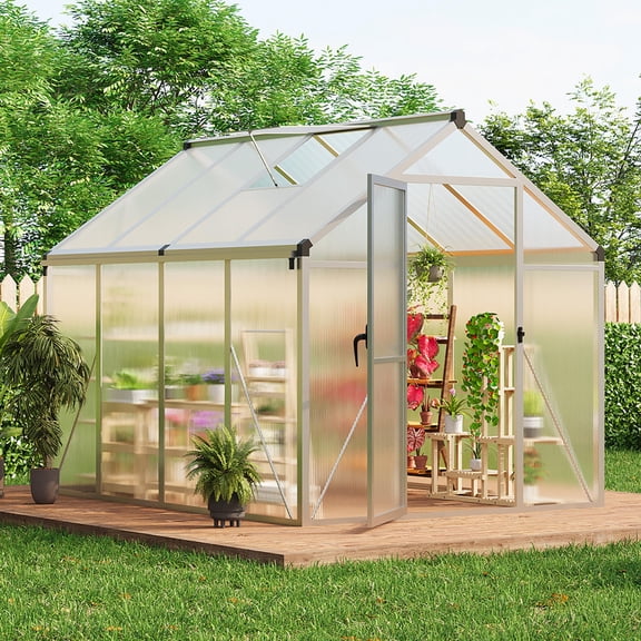 8x6 FT Polycarbonate Greenhouse with Roof Vent, Lockable Door & Ground Nails - Durable Aluminum Walk-in Garden Shed for Backyard & Patio
