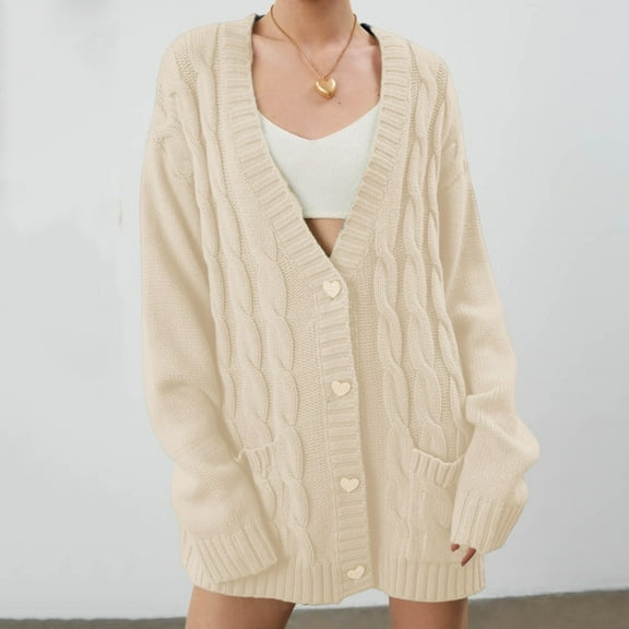 Aayomet Long Cardigan Sweaters For Women Women's Cotton Shaker Stitch Deep V-Neck Sweater,Beige XL