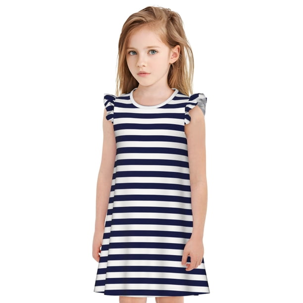 Balery Navy Blue And White Stripes Camisón de princesa para niñas, pijama de algodón con mangas abullonadas, suave y bonito.-X-Large