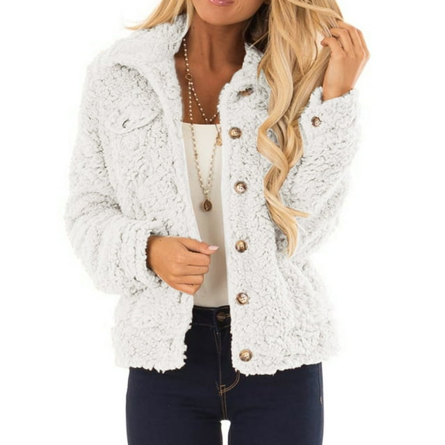 WEIYLL Womens Fleece Jacket Lamb Wool Short Cardigan Solid Color Button Down Collar White Fall Tops Size L