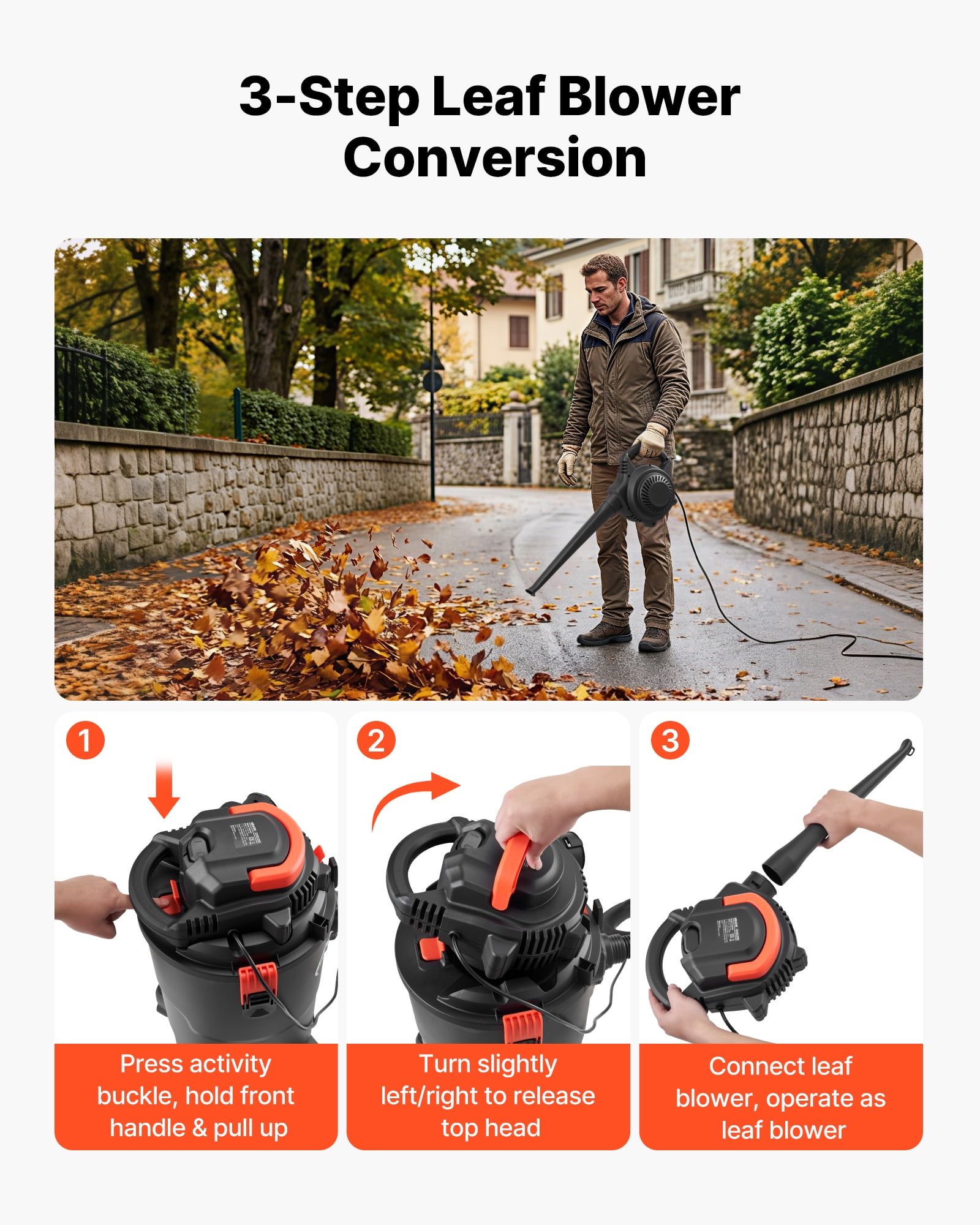 VEVOR 3-in-1 Shop Vac, 11 Gallon Wet Dry Shop Vacuum, 4.5 Peak HP Portable Vacuum Cleaner with Blower, Dual-Filter, 1350W Input Power, 1.25in x 7ft Hose, 9.8ft Cord for Jobsite, Workshop, Garage