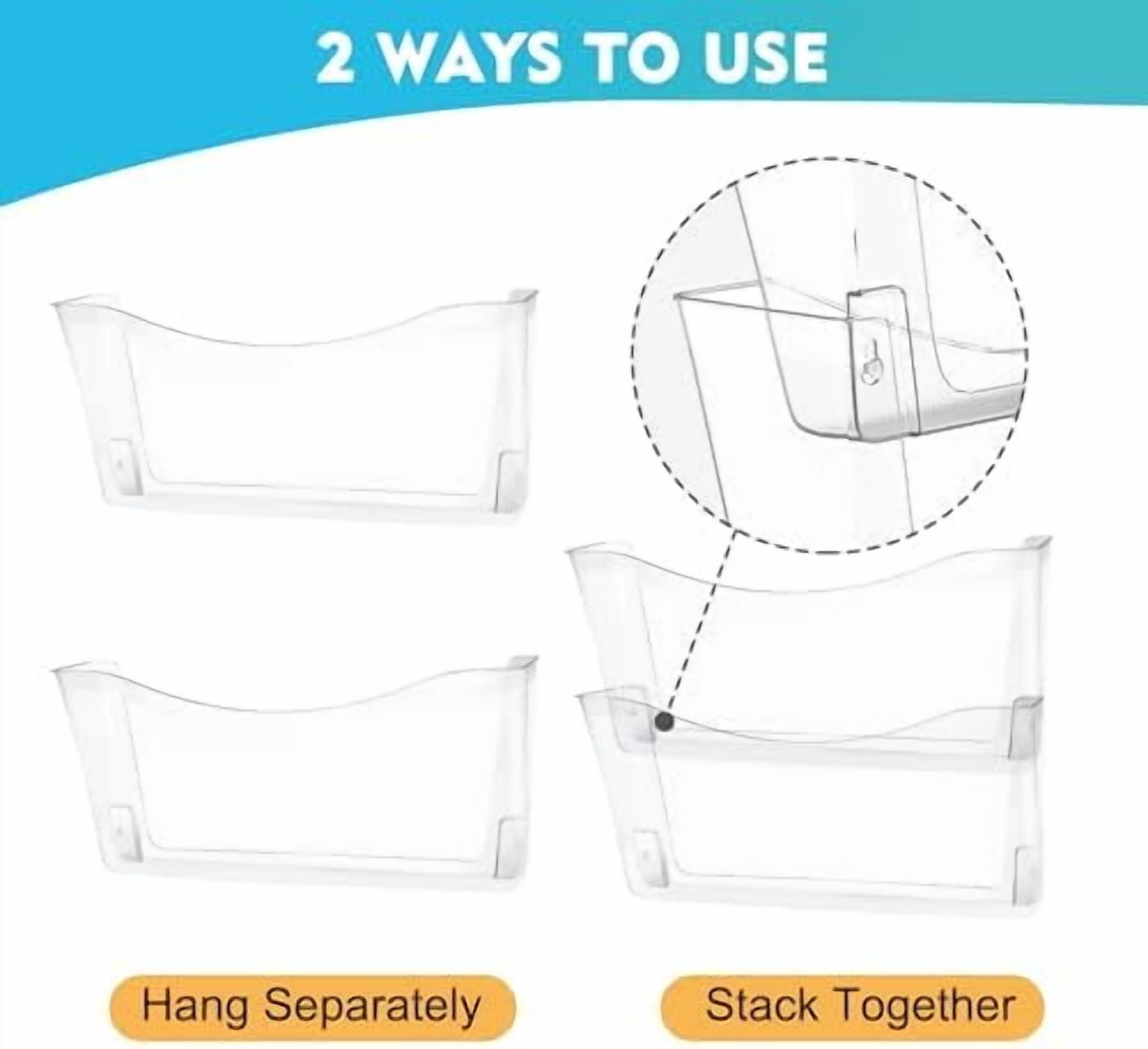 4 Pack Clear Single Pocket Hanging File Organizer, Plastic Wall Mount Paper Mails Magazines Holder, Mounted Folder Bins for Office, School and Home, 13.85x3.14x6.88 inches