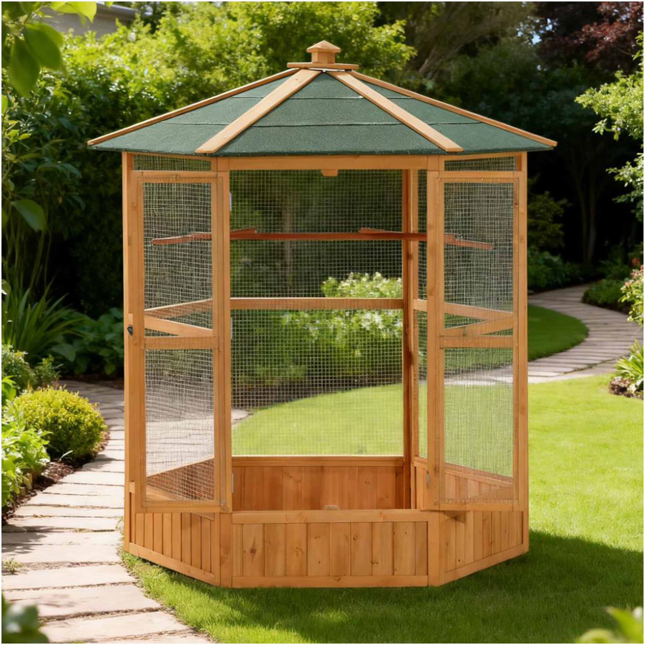 JERFIT 69" Large Hexagon Wooden Bird Cage Outdoor & Indoor Aviary with Lock, Waterproof Roof for Parakeets Finches Canaries