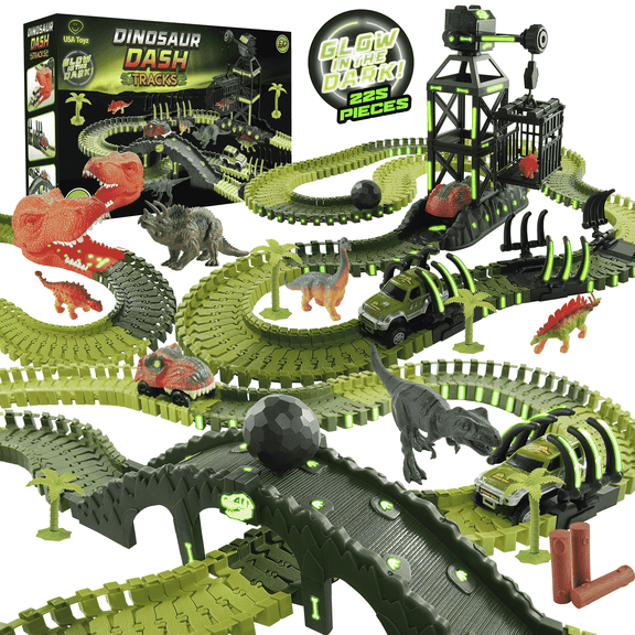 USA Toyz Dinosaur Dash Track 6 Dinosaurs LED Dino Car STEM Set Toy 225 Piece Tracks for Kids Ages 3