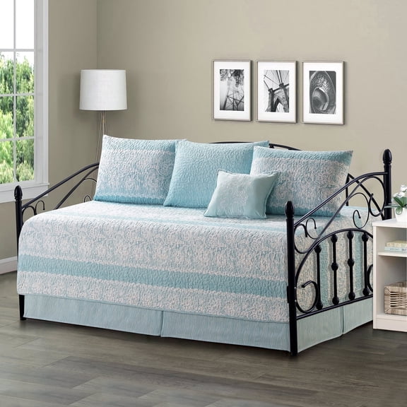 Home Soft Things 6-Piece Reversible Quilted Daybed Cover Set w/ Bedskirt, Shams & Pillow - Emma Teal, 75"x39"