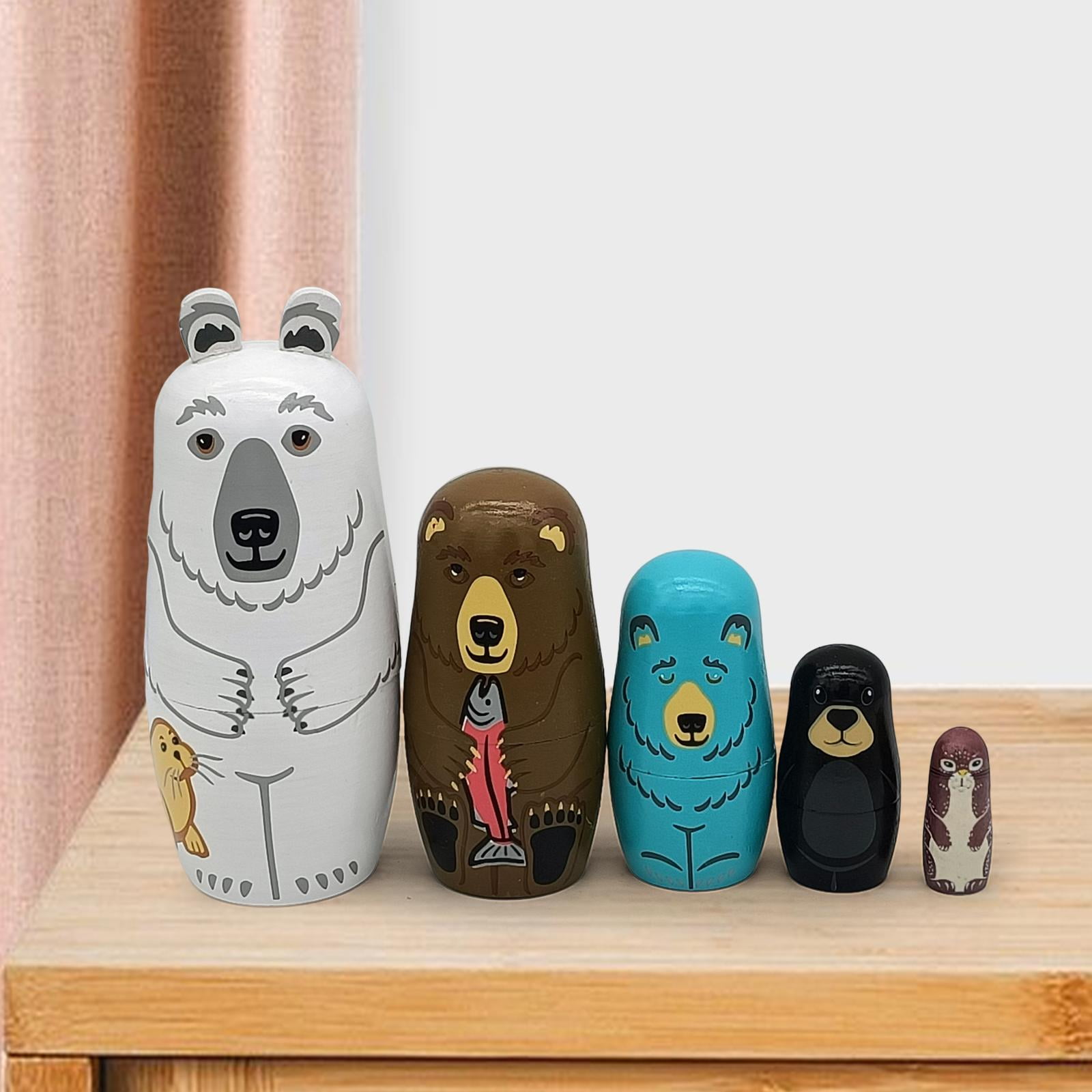 5Pcs Bear Matryoshka Decors Wooden Dolls Toys Traditional Adorable Russian Nesting Dolls for