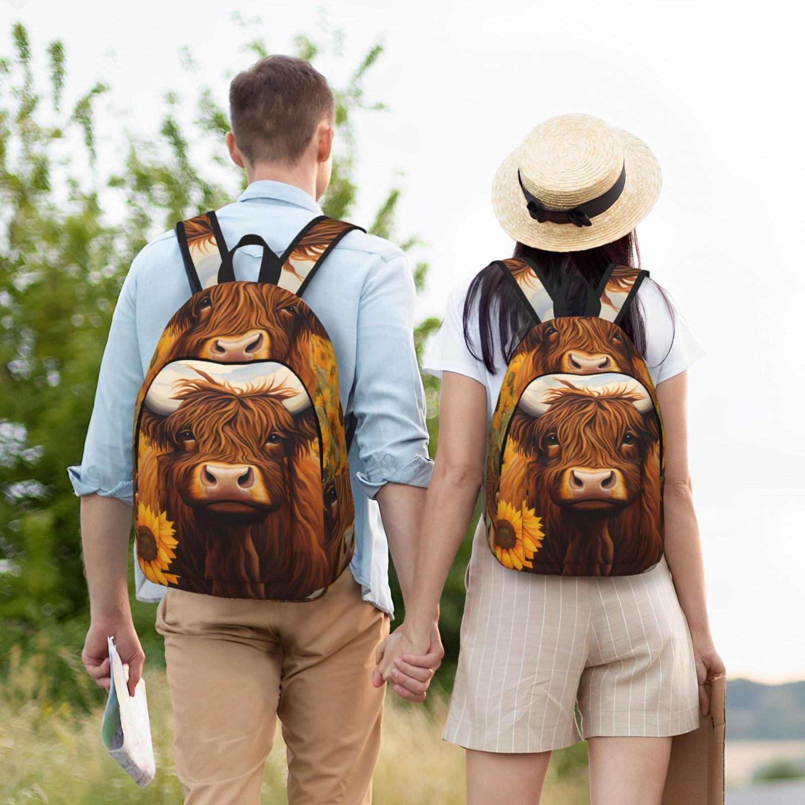 Vsdgher Countryside Sunflower Cow Print Canvas Backpack Travel Rucksack Unisex Knapsack 15.7/17.7Inch Laptop Backpack for Work,College -Small