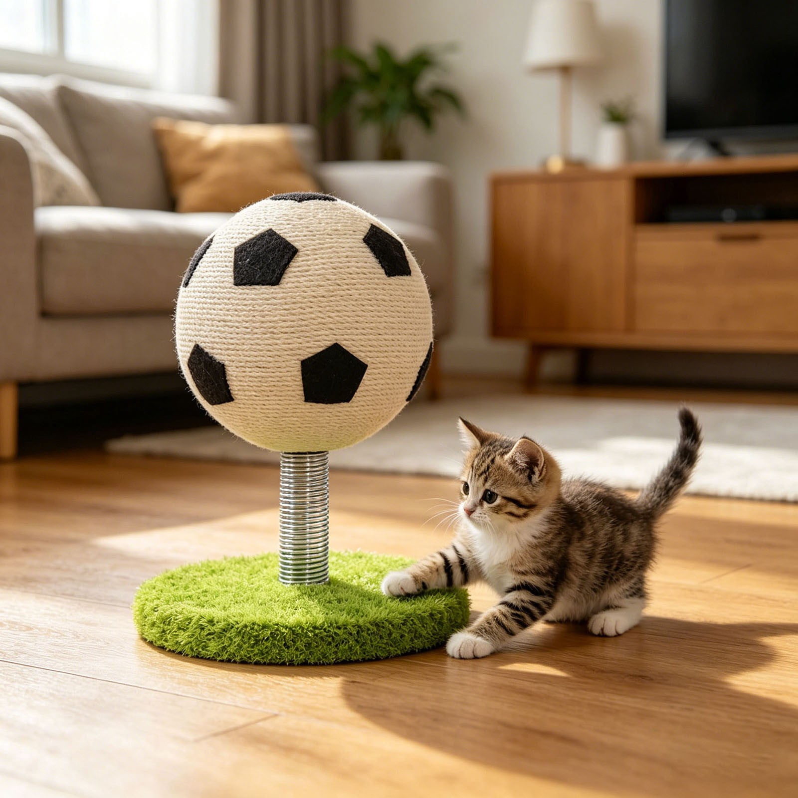 Interactive Sisal Cat Toy with Suction Base Soccer Ball Durable Cat Scratching Post for Indoor Cats Play and Exercise