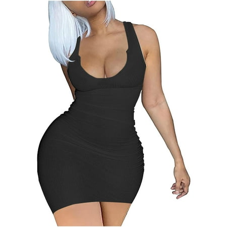 

Juebong Women s Sexy Tank Dress Deep V-Neck Sleeveless Ribbed Party Club Dress