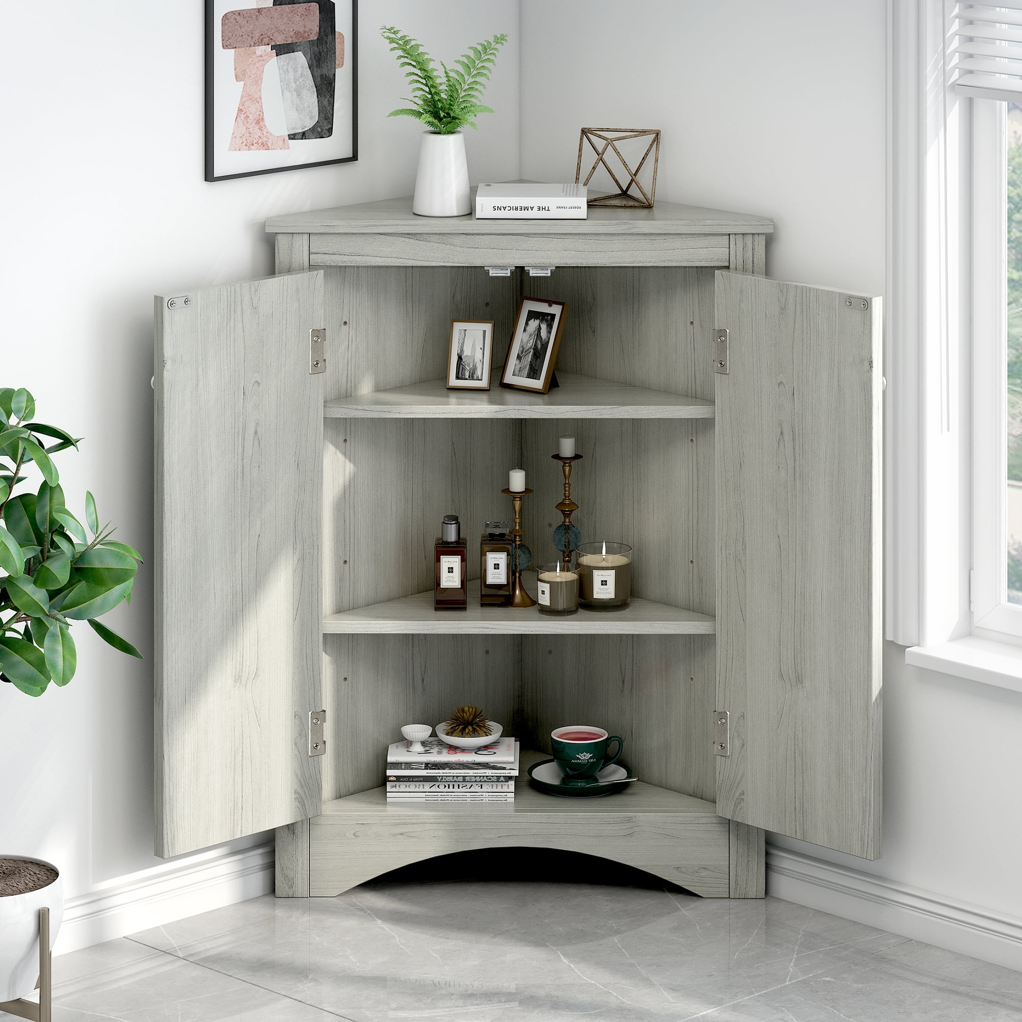 Royard Oaktree Corner Storage Cabinet with Doors and 3 Adjustable Shelves Freestanding Floor Bathroom Cabinet Modern Cupboard Organizer for Kitchen Living Room Bedroom,Oak
