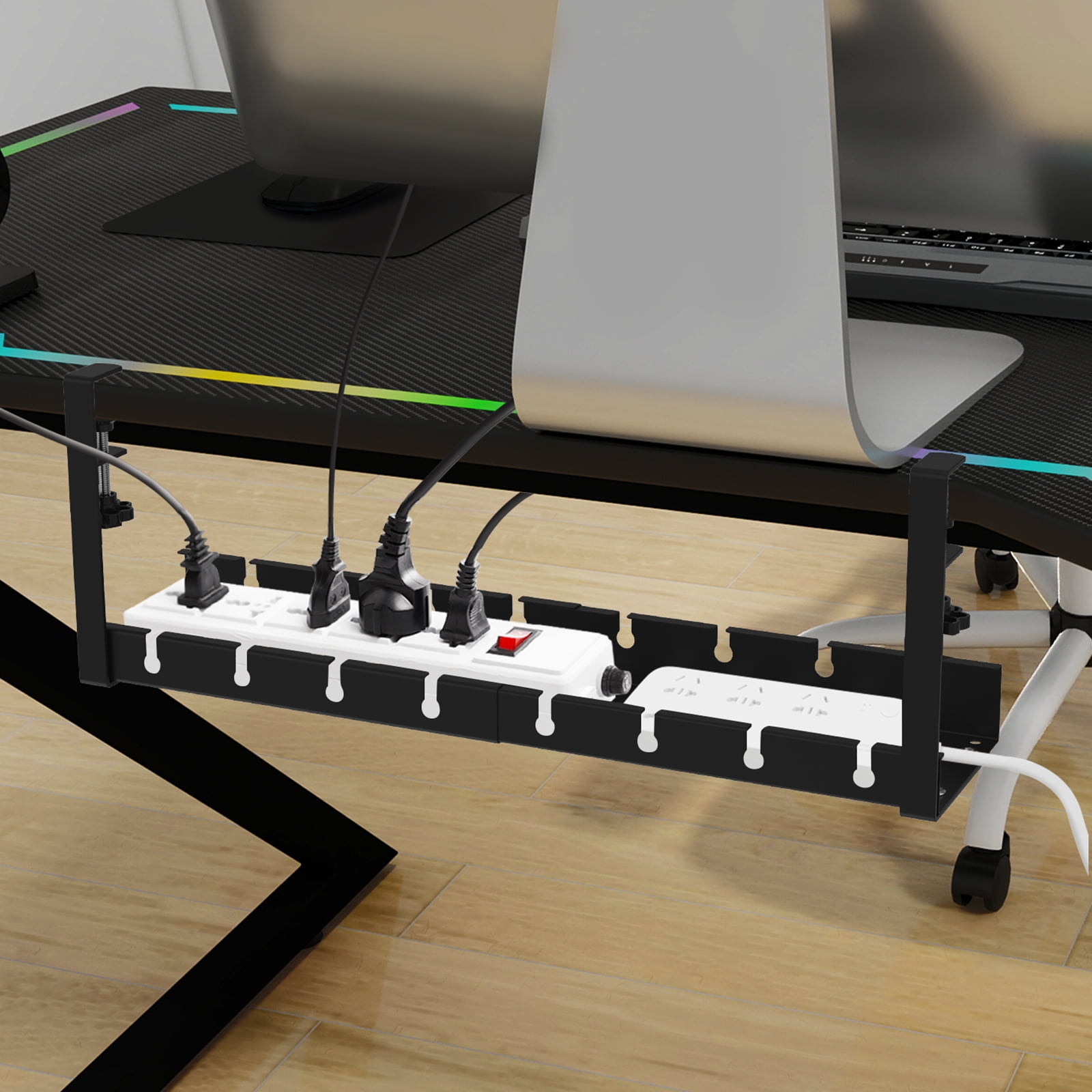 No Drilling Extendable Under Desk Cable Management, Metal Cable Management Tray Under Desk with Clamp, Retractable Power Strip Cord Holder for Wire Management from 11.8"-21.6 "