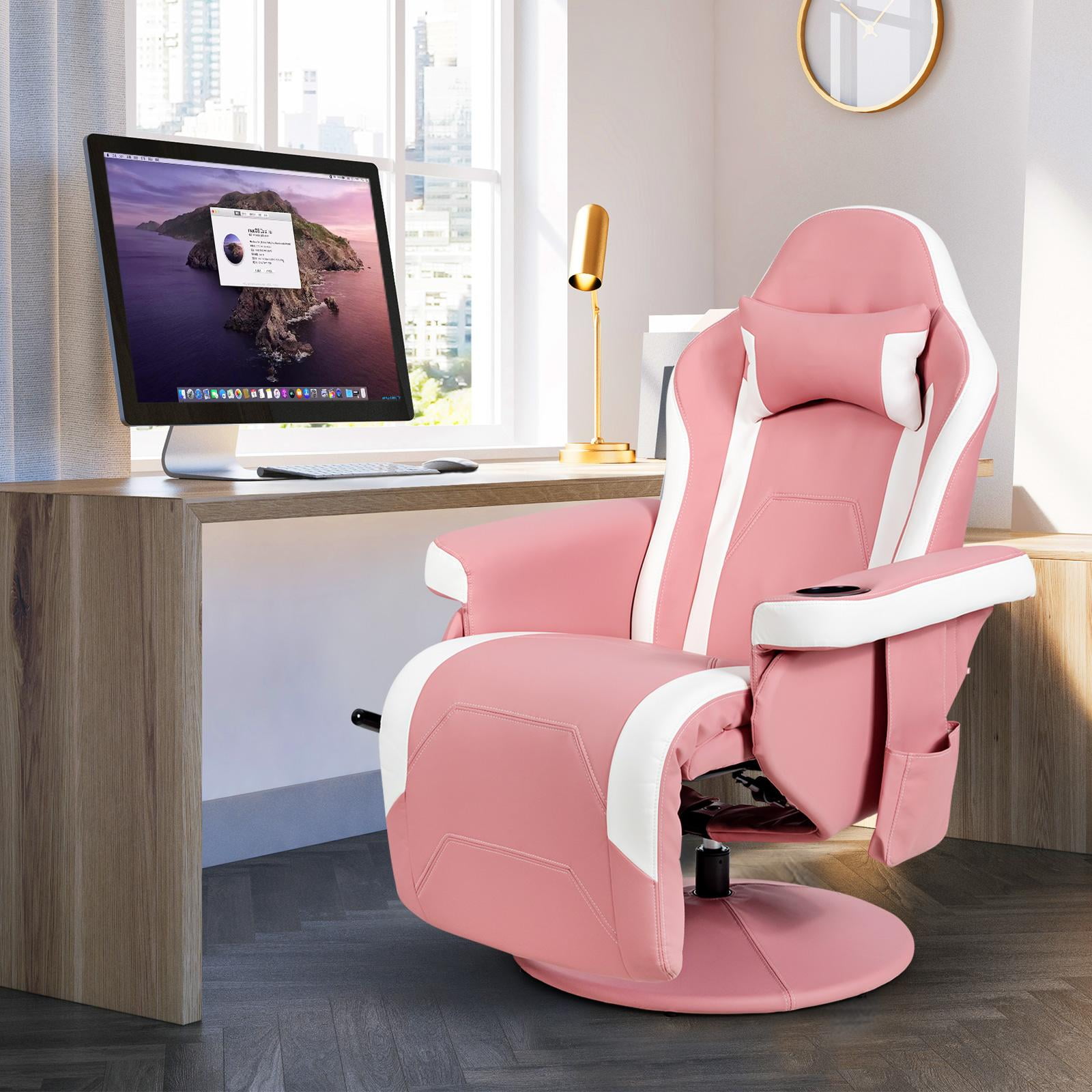 Massage Gaming Recliner, High Back Swivel Home Office Chair w/Adjustable Backrest & Footrest for Gaming, Pink