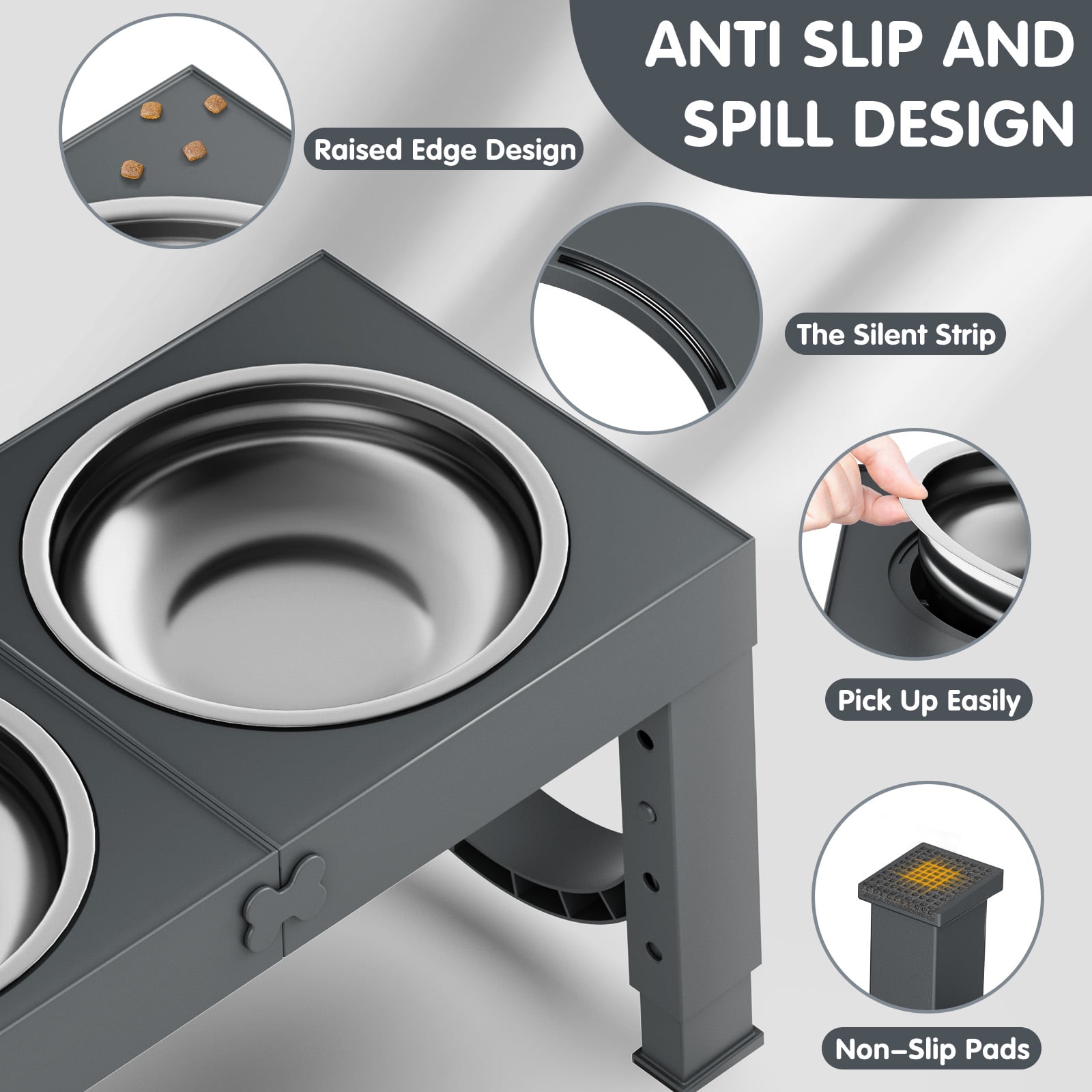 X XBEN Elevated Dog Bowls, 5 Heights Adjustable Dog Raised Bowl Stand with Two 1000ML Stainless Steel Dog Food and Water Bowls, Pet Bowl Holder to Protect Dogs Joints for Small Medium Large Dog