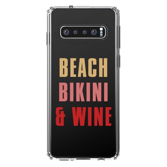 DistinctInk Clear Shockproof Hybrid Case for Samsung Galaxy S10  PLUS (6.4" Screen) - TPU Bumper Acrylic Back Tempered Glass Screen Protector - Beach Bikini & Wine