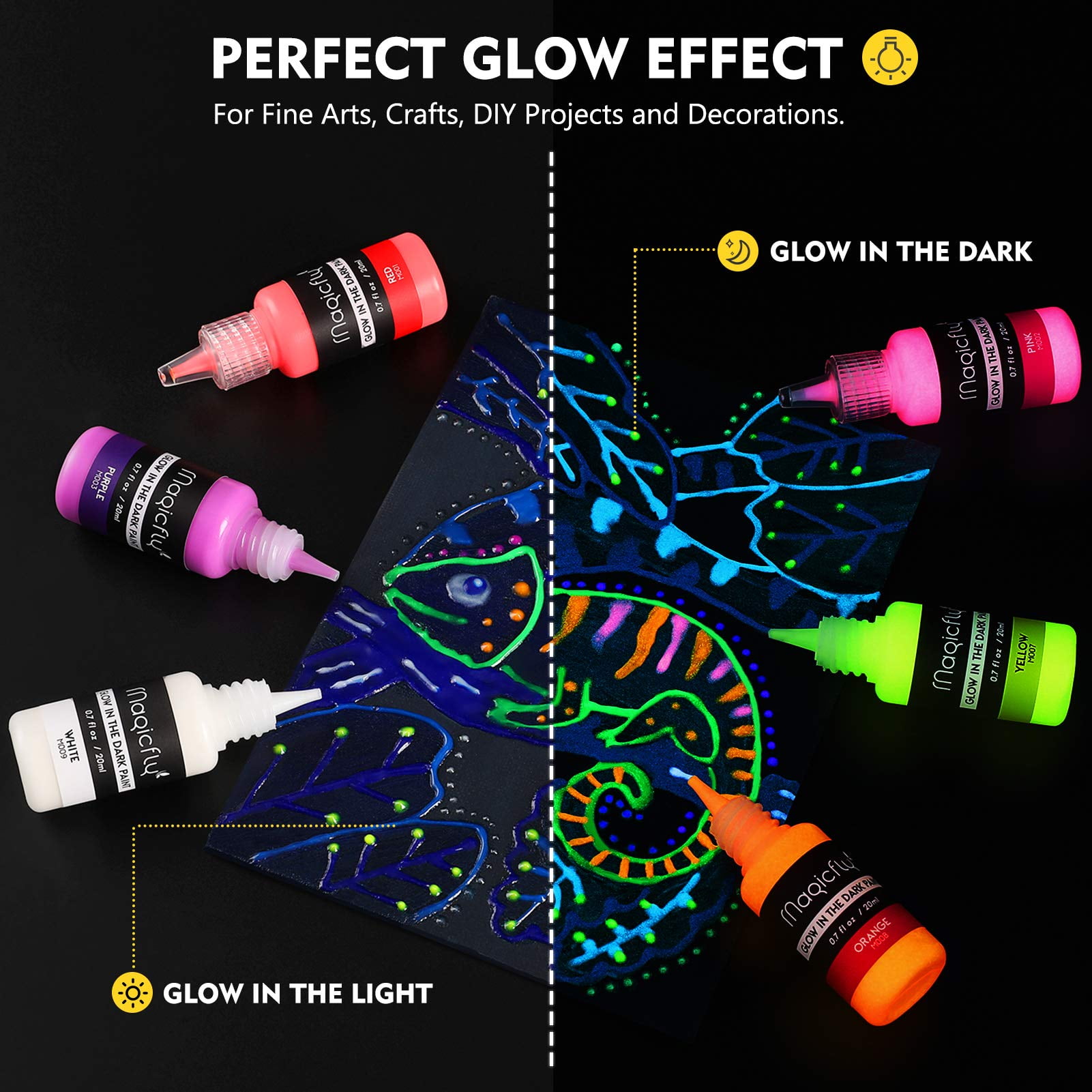 (2 pack) Magicfly Acrylic Glow in The Dark Paint, 10 Bright Colours 60 ml / 2 oz for Painting, Halloween , Christmas