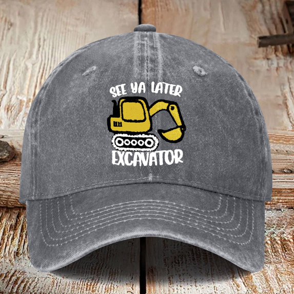 XFeng "See Ya Later Excavator" Embroidery Washed Baseball Cap, Vintage Black Toddler Boys Construction Vehicle Adjustable Sun Hat
