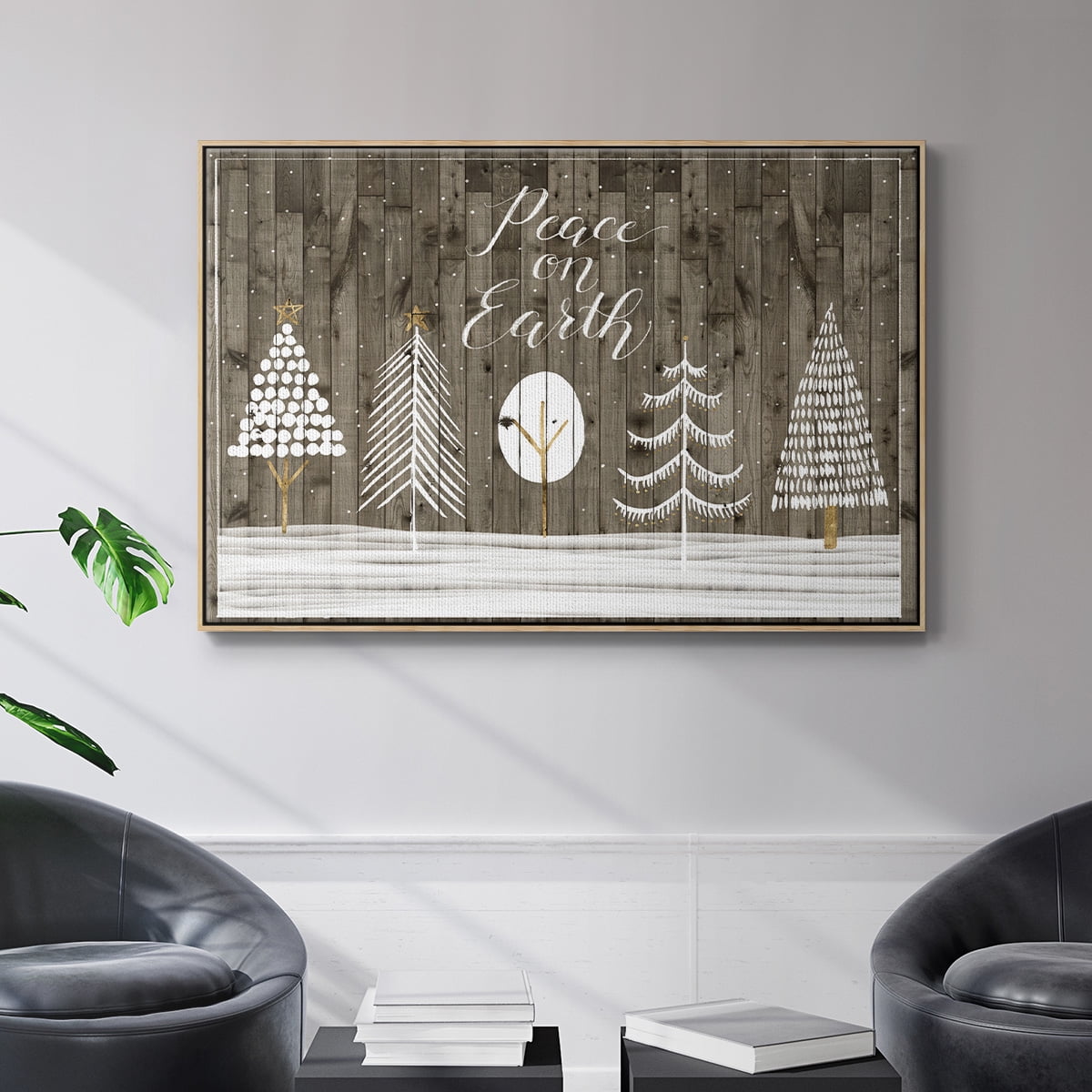Wooded White Christmas Collection A - Framed Gallery Wrapped Holiday Canvas - 17 x 25 - Natural Wood Frame