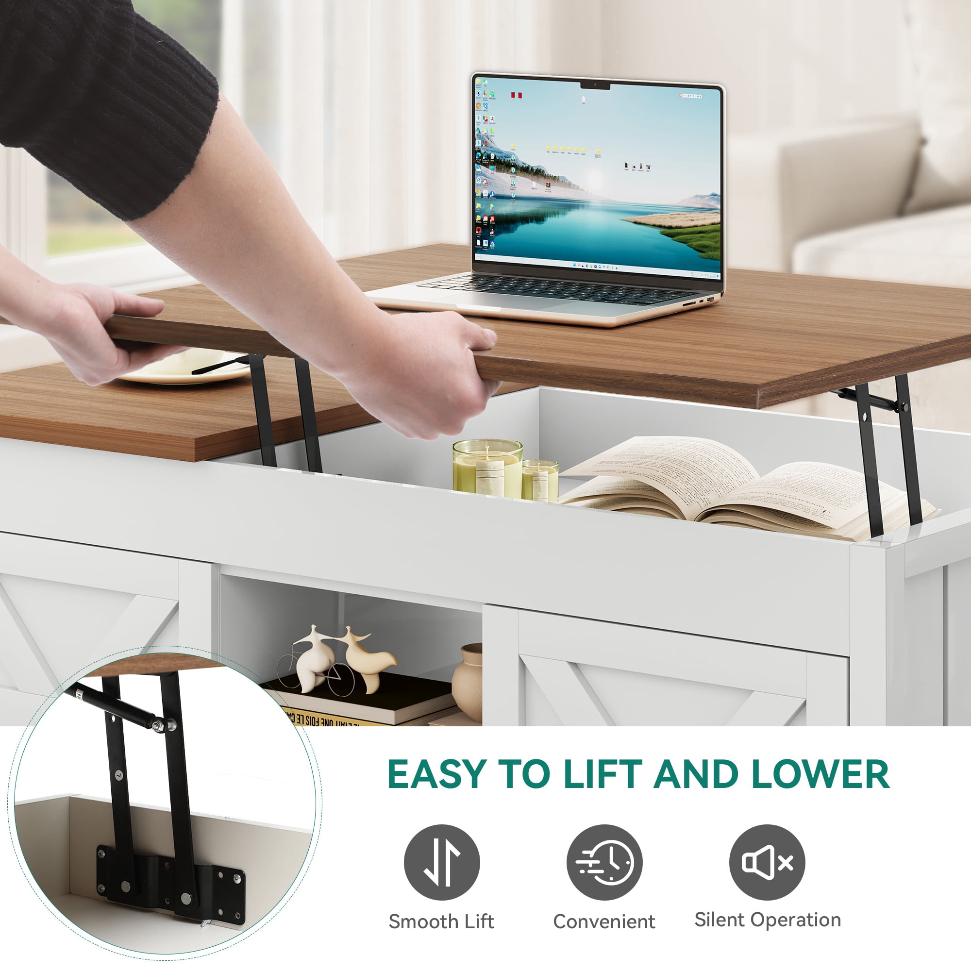 Uforic 48" Farmhouse Lift Top Coffee Table with Sliding Barn Door