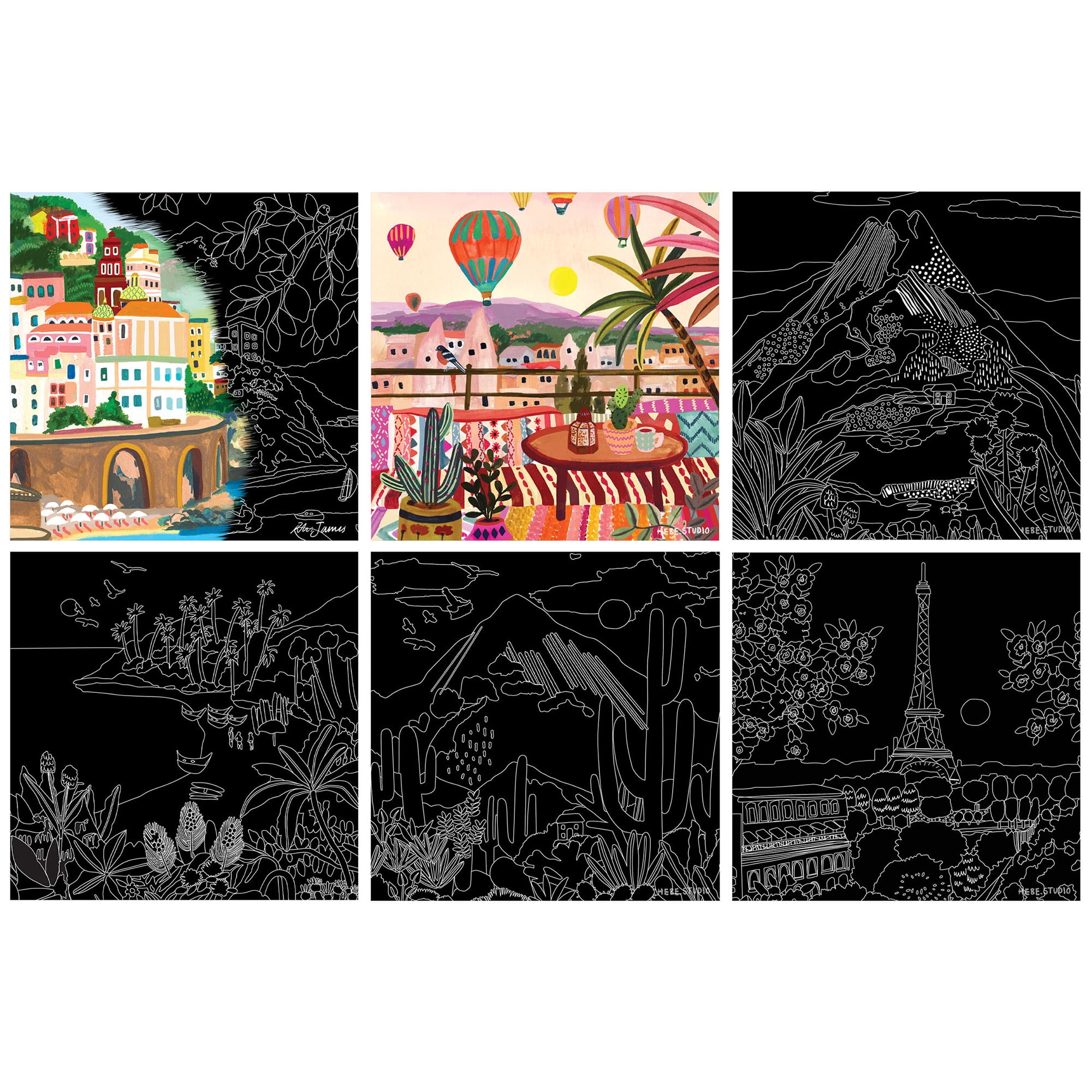 Brea Reese: Scratch Art Paper Pad - Joyful Landscapes - 12 Sheets, 6 Guided Designs, Metallic Accents, Dual-Tip Stylus, Brush, 8x8" Pages, Adult Craft
