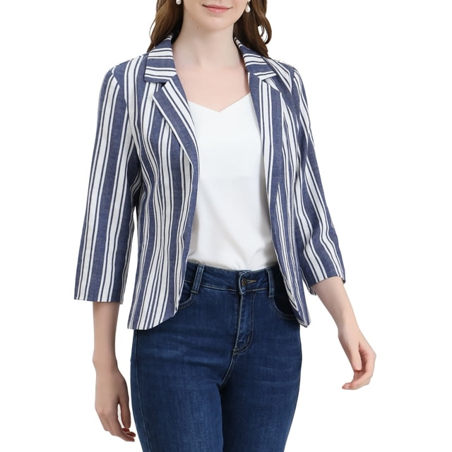 INSPIRE CHIC Blazer à Rayures pour Femme Manches 3/4 Décontracté Ouvert à l'Avant Revers Cranté Blazer S Bleu Blanc