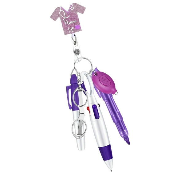 Multi Functional Nursing Pen Set Unique Nurse Pen and Badge Holder Set with LED Keychain for Staff Gifts