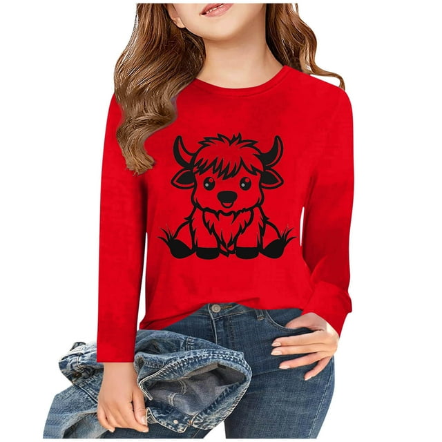 MKOSPLRT Hauts Vache Highland pour Fille Manches Longues T-Shirts Westerna Col Rond Mignons Chemises Décontractées Blouses Amples 2-15 Ans Cadeaux pour Enfant